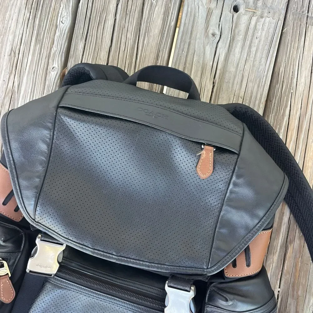 Coach Terrain Trek Backpack Perforated Leather Nylon Bag Black F57477